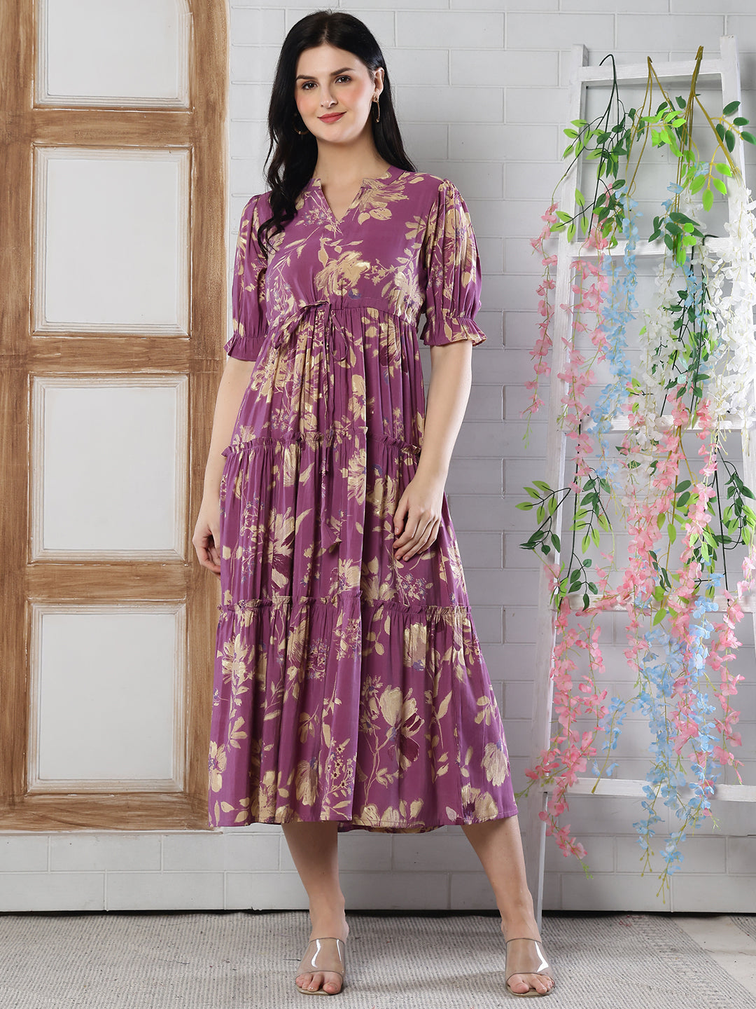 Mauve Floral Printed Chanderi Silk Dress for Women | Claura