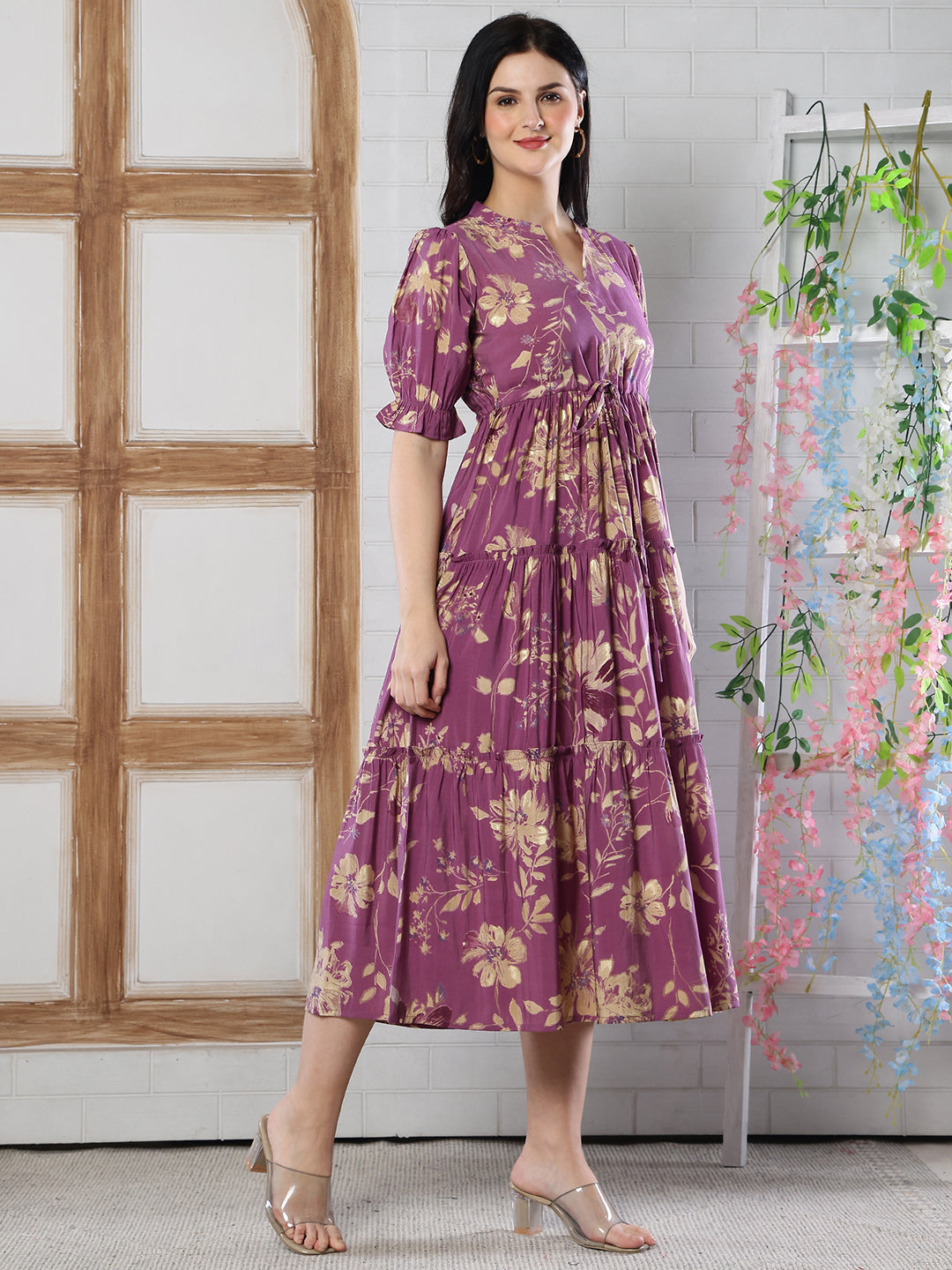 Mauve Floral Printed Chanderi Silk Dress for Women | Claura