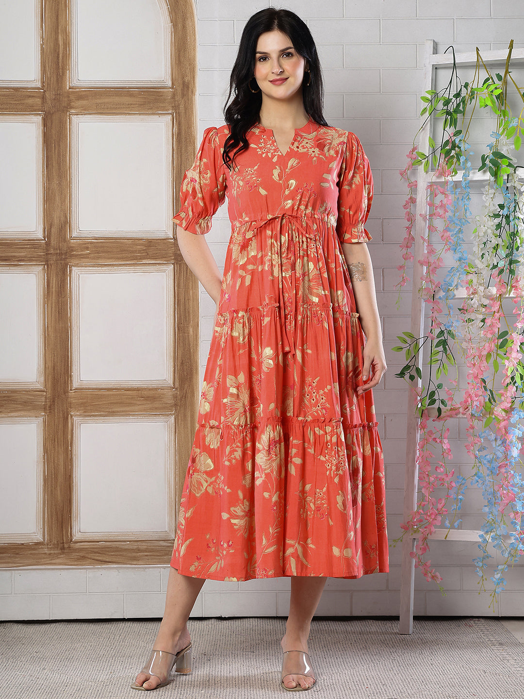 Orange Floral Printed Chanderi Silk Dress for Women | Claura