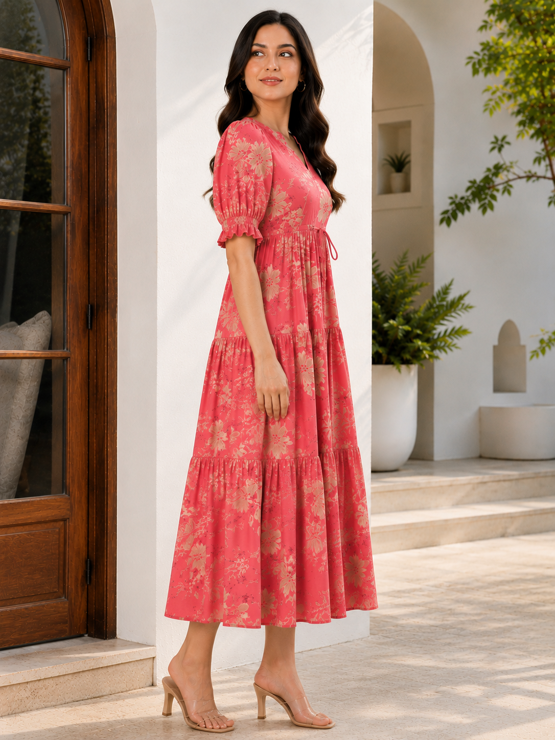 Orange Floral Printed Chanderi Silk Dress for Women | Claura
