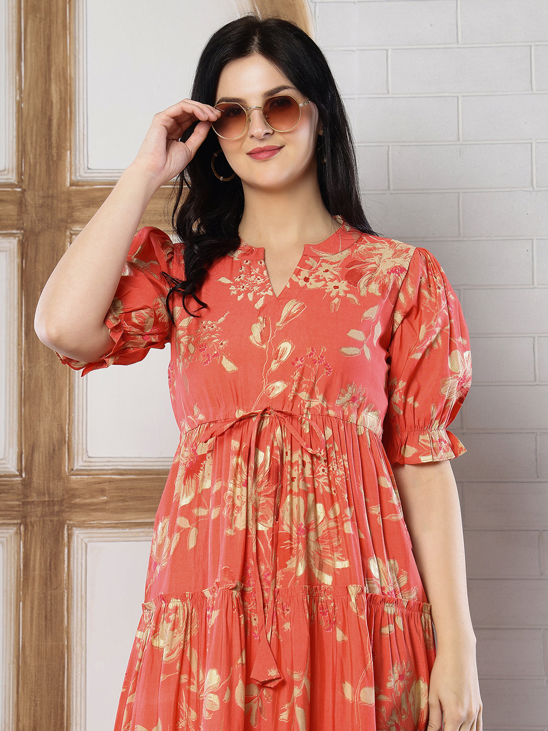 Orange Floral Printed Chanderi Silk Dress for Women | Claura