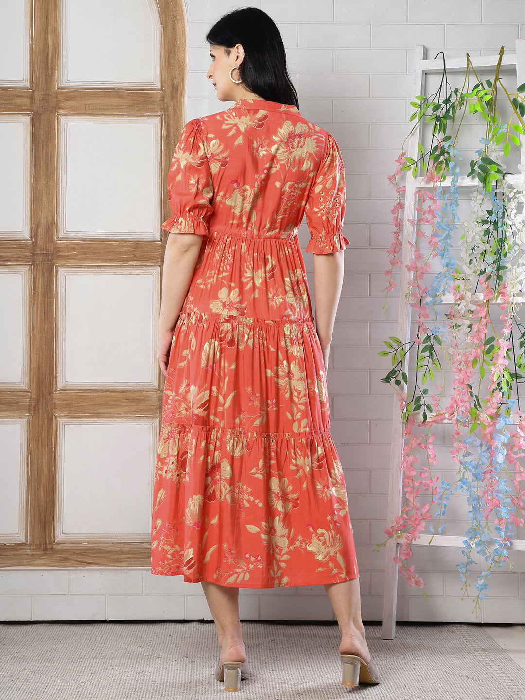 Orange Floral Printed Chanderi Silk Dress for Women | Claura