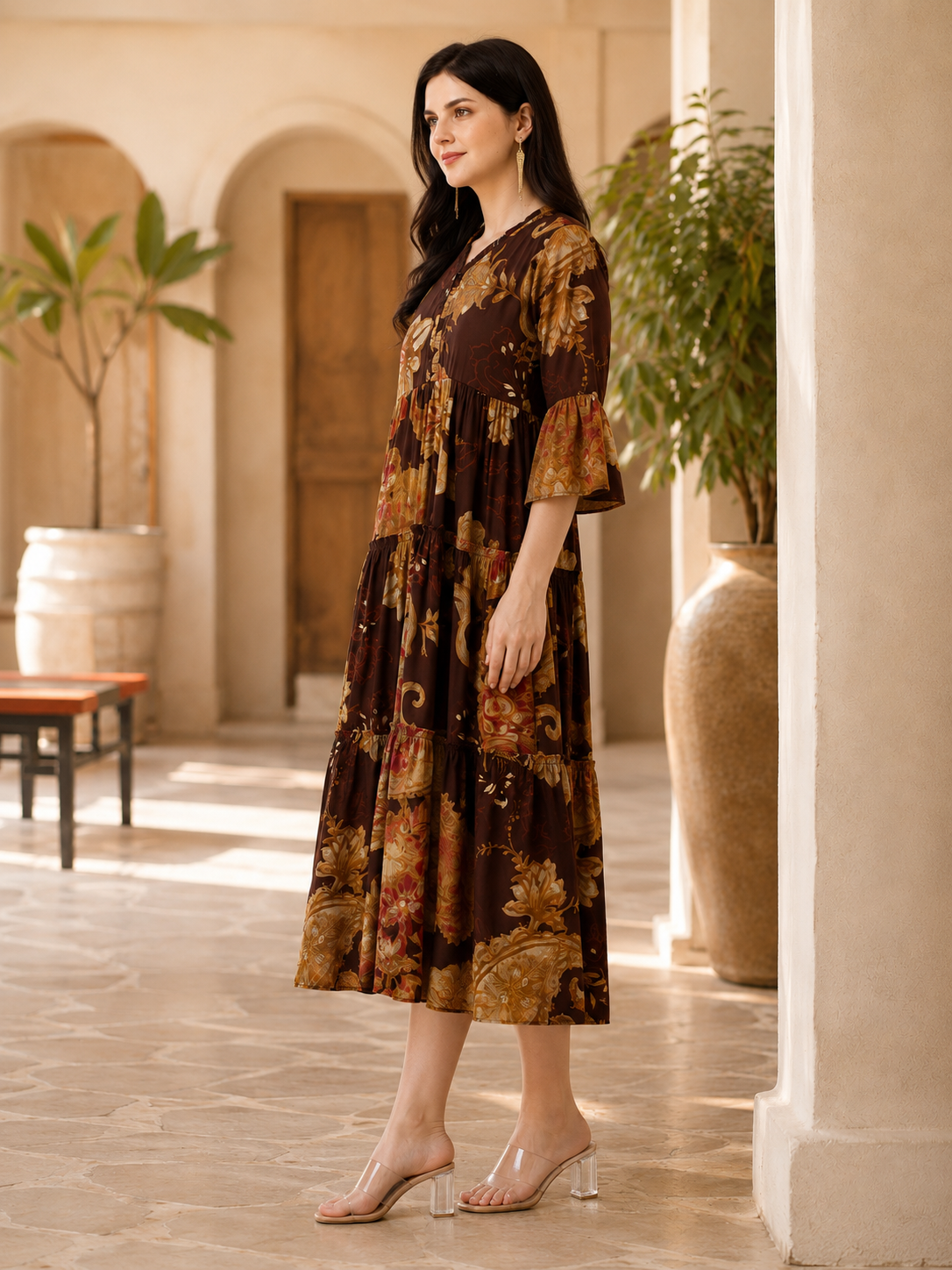 Brown Floral Printed Chanderi Silk Dress for Women | Claura