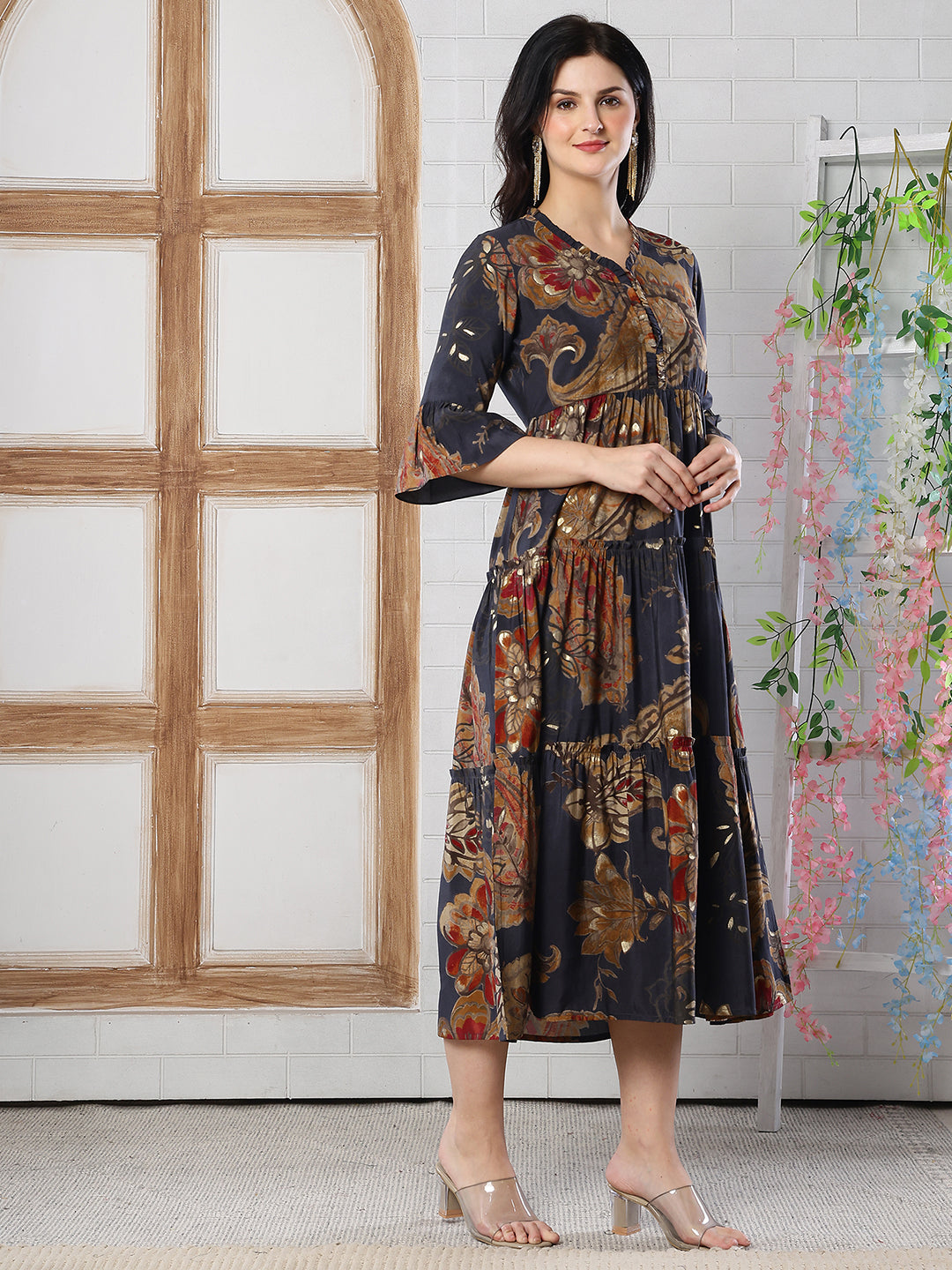 Grey Floral Printed Chanderi Silk Dress for Women | Claura
