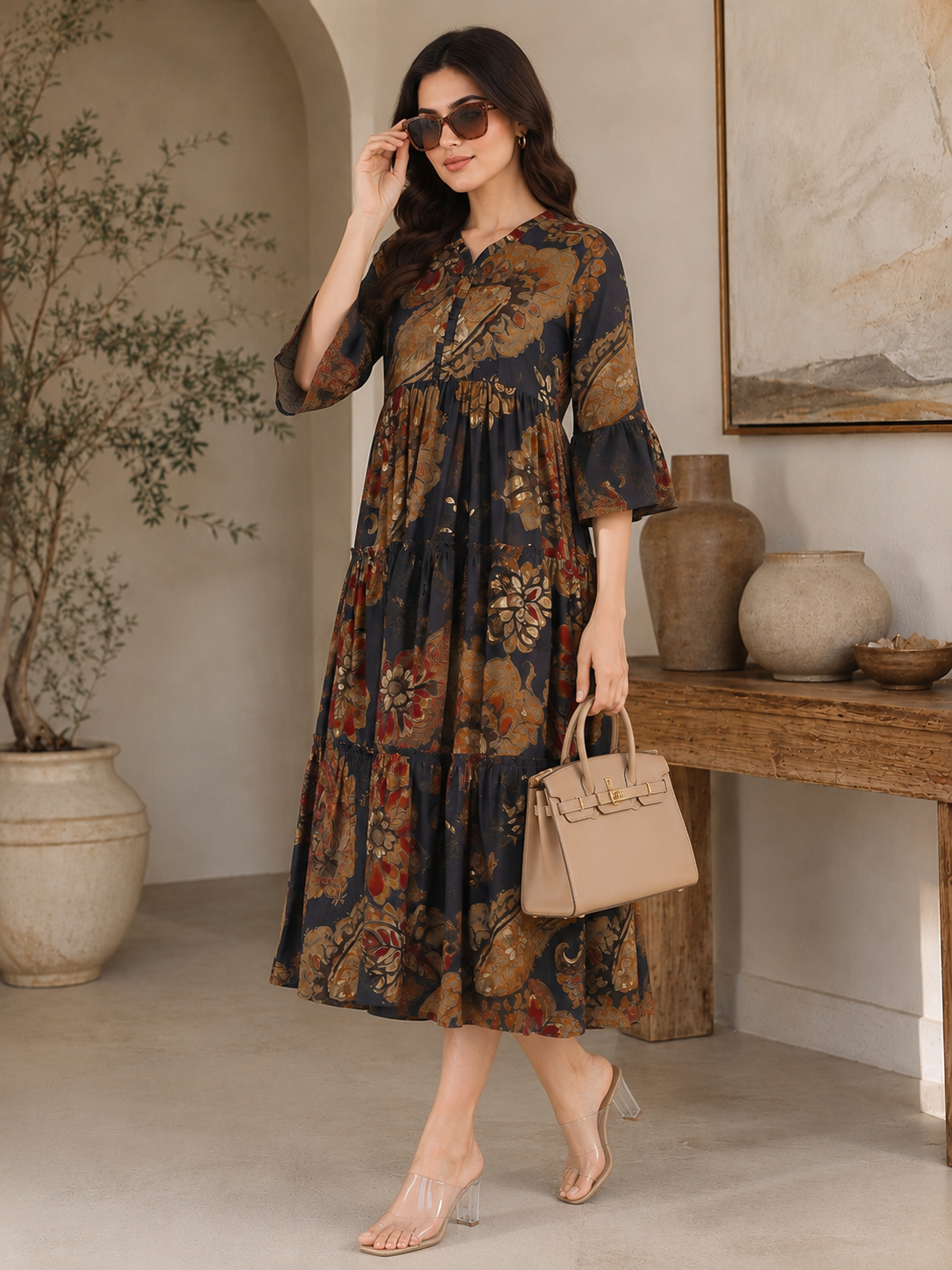 Grey Floral Printed Chanderi Silk Dress for Women | Claura