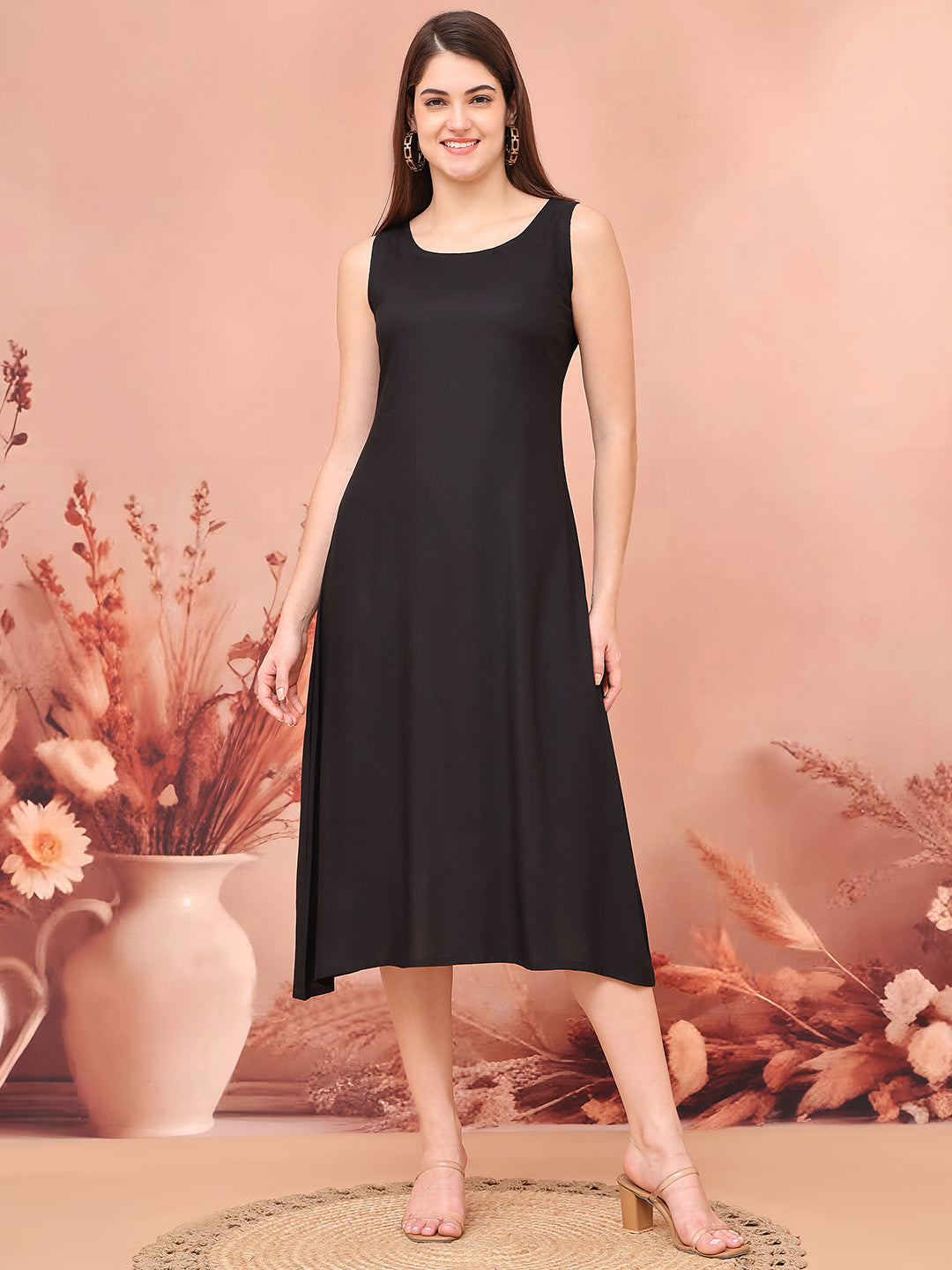 Black Colour Abstract Printed Viscose Rayon Dress For Women