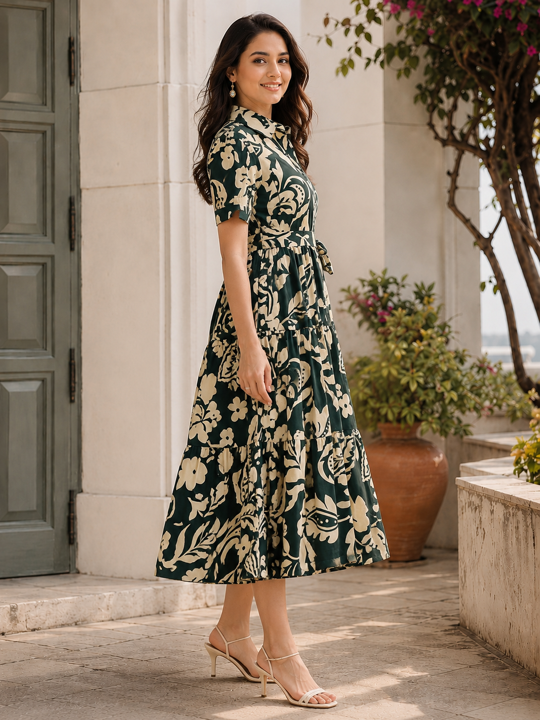 Green Cotton Floral Printed Dress | Claura