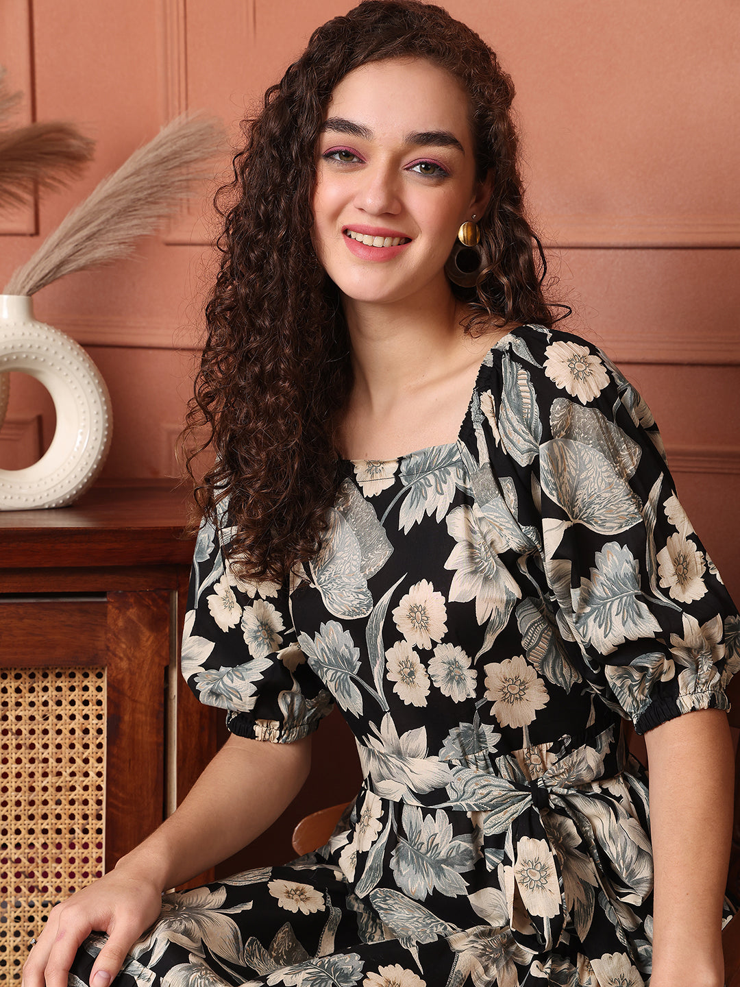Black Colour Floral Printed Cotton Ethnic Dress