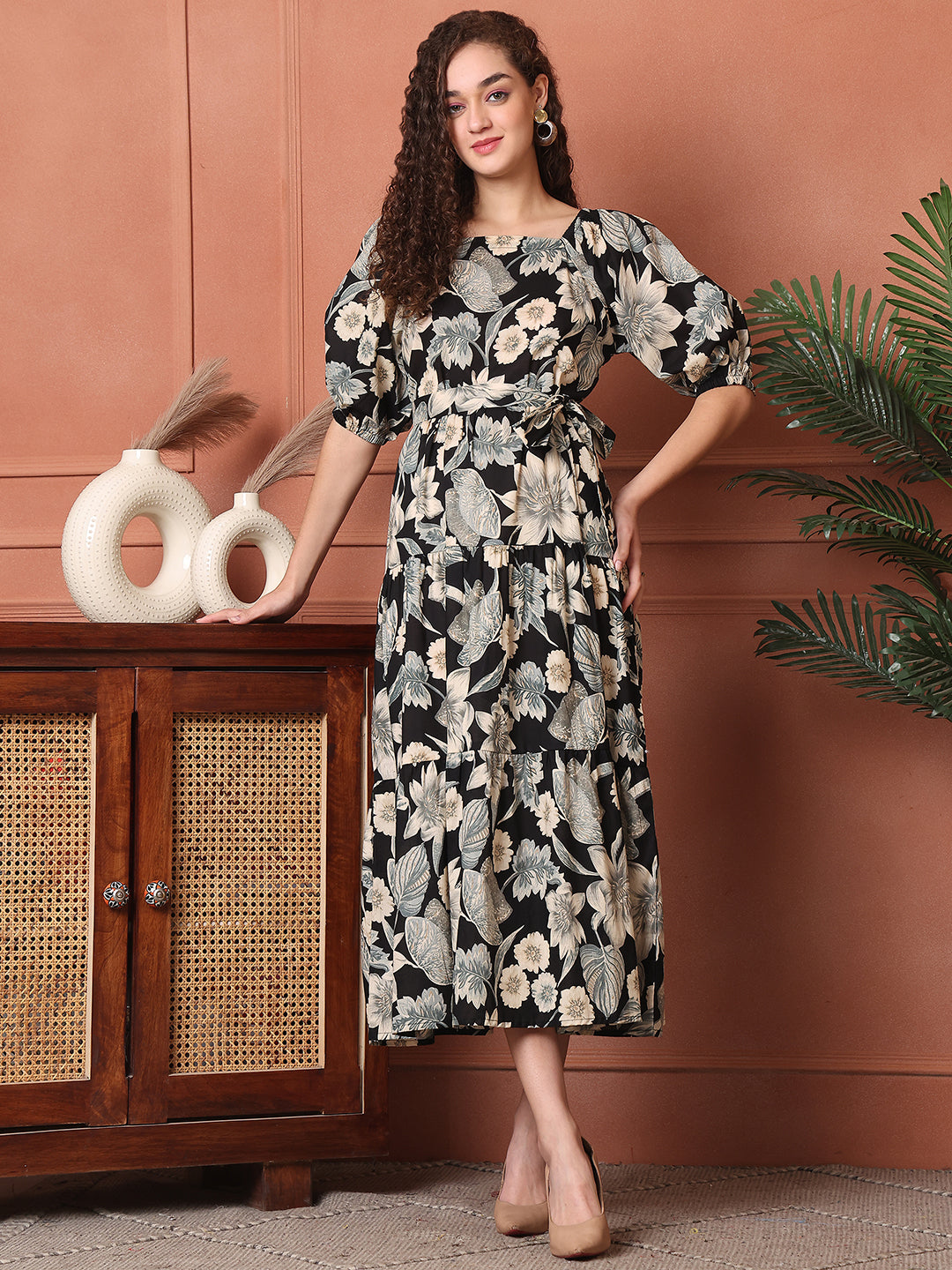 Black Colour Floral Printed Cotton Ethnic Dress