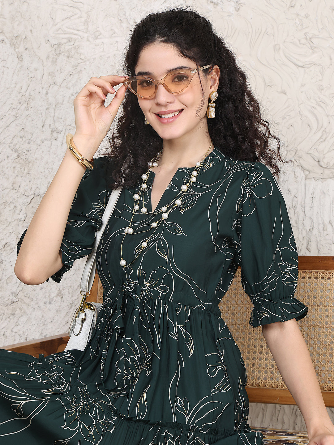 Green Colour Floral Printed Premium Chanderi Dress For Women