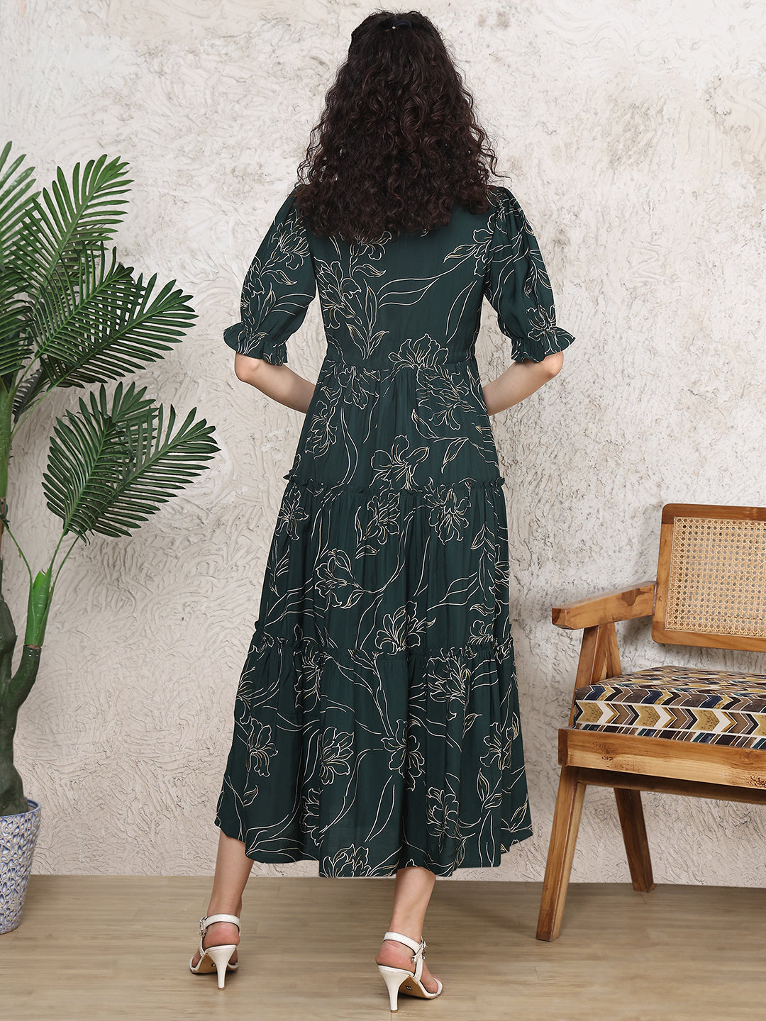 Green Colour Floral Printed Premium Chanderi Dress For Women