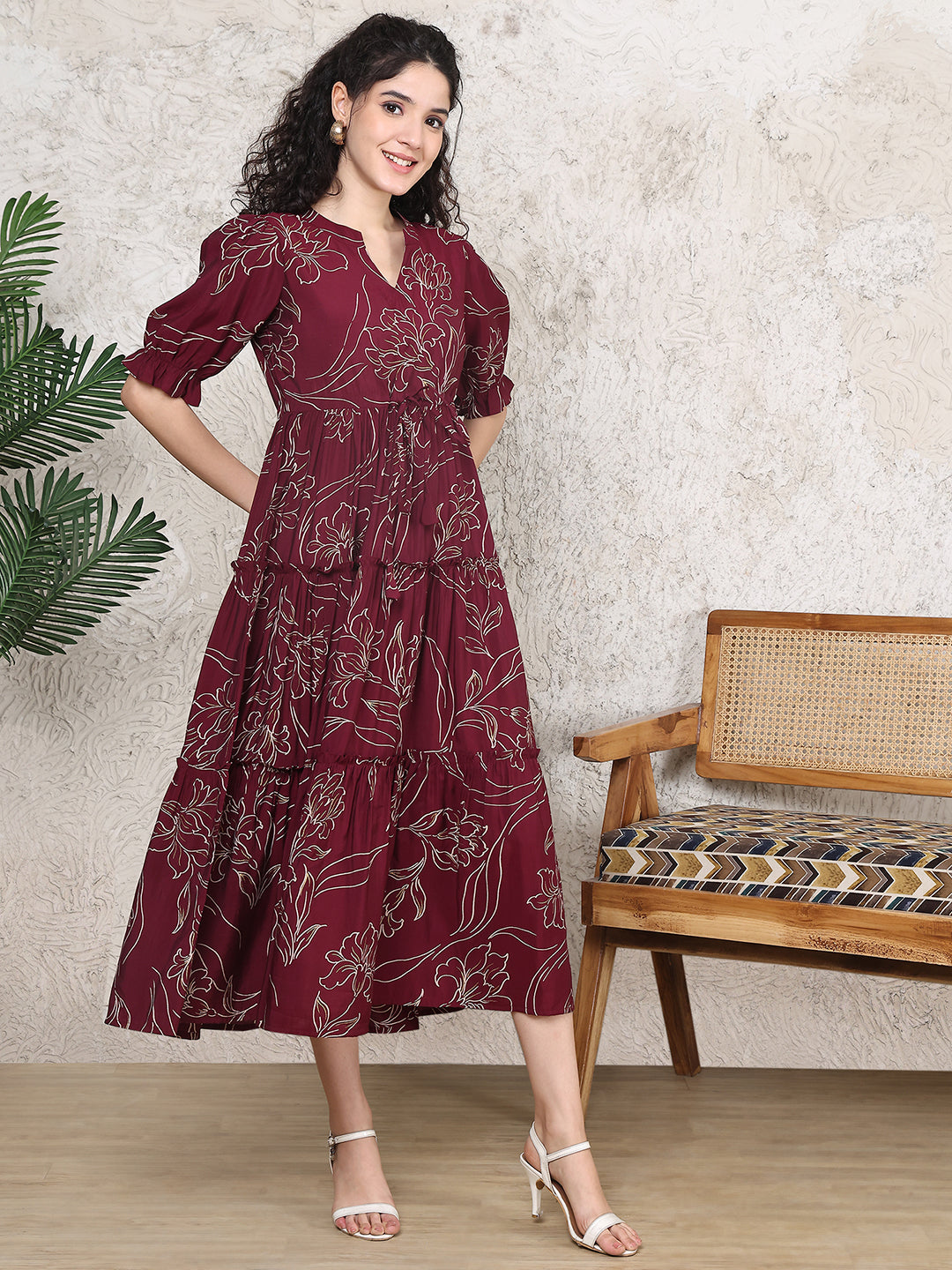 Wine Colour Floral Printed Premium Chanderi Dress For Women