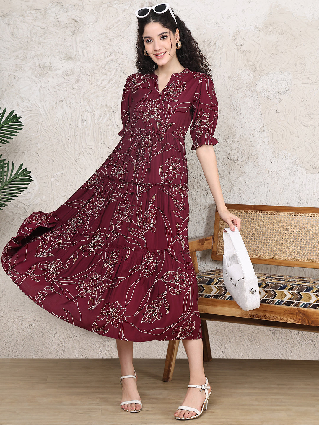 Wine Colour Floral Printed Premium Chanderi Dress For Women