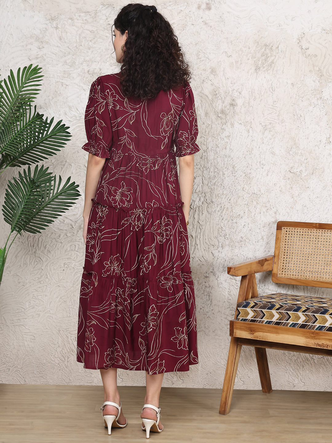 Wine Colour Floral Printed Premium Chanderi Dress For Women