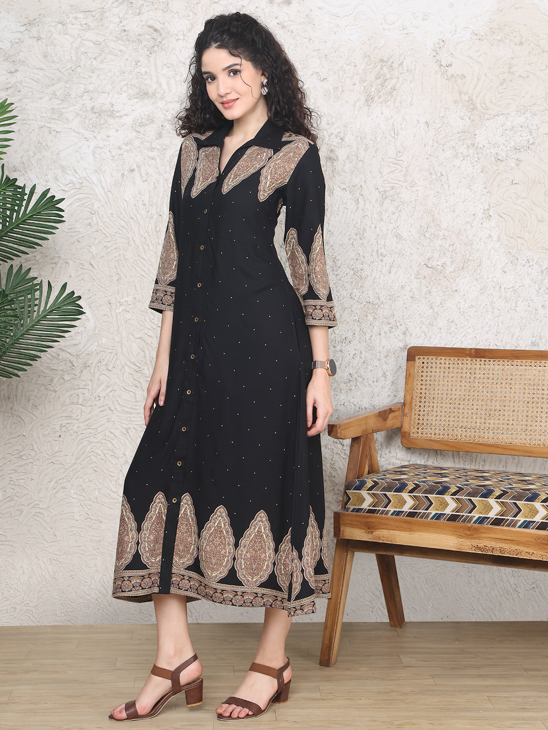 Black Colour Ethnic Motifs Printed Viscose Rayon Dress For Women