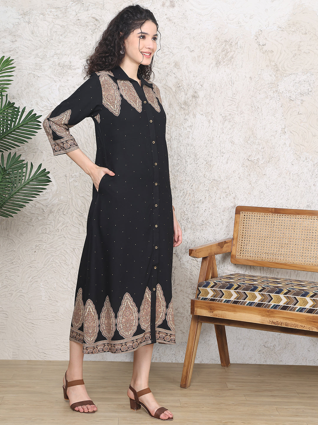 Black Colour Ethnic Motifs Printed Viscose Rayon Dress For Women