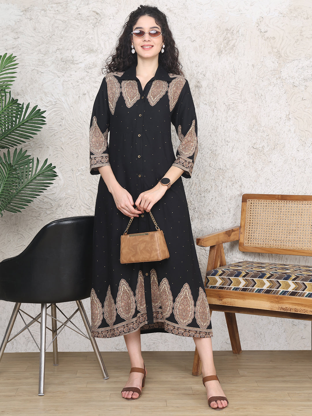 Black Colour Ethnic Motifs Printed Viscose Rayon Dress For Women