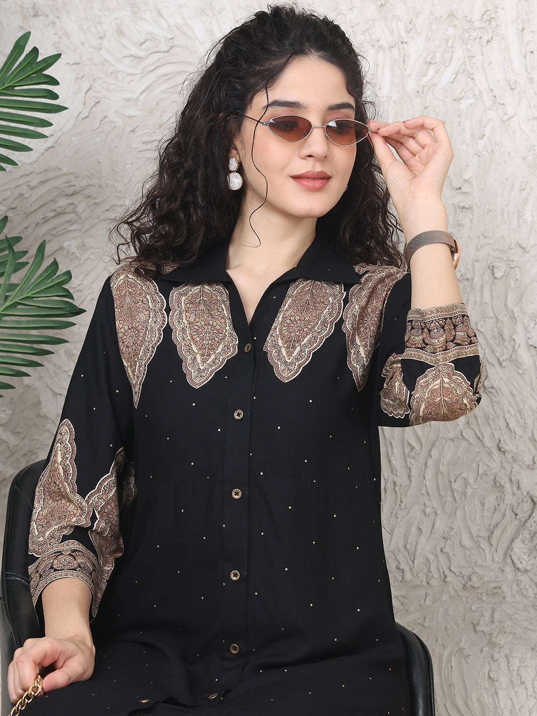 Black Colour Ethnic Motifs Printed Viscose Rayon Dress For Women