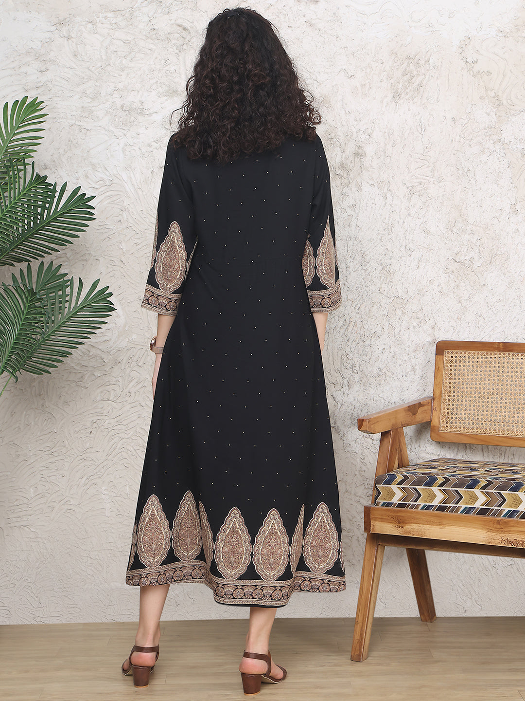 Black Colour Ethnic Motifs Printed Viscose Rayon Dress For Women