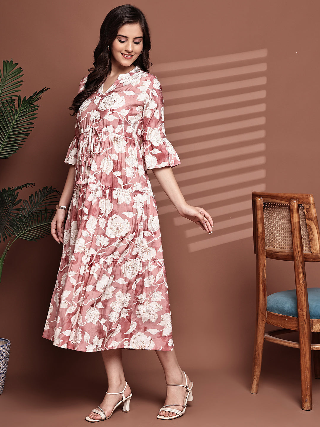 Pink Colour Floral Printed Premium Chanderi Dress For Women