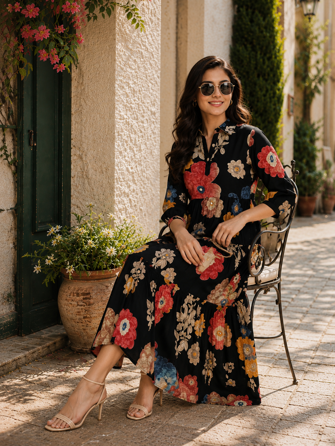 Black Floral Printed Premium Chanderi Flared Dress for Women | Claura