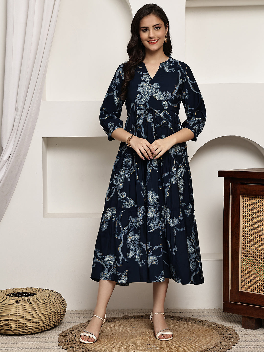 Woman wearing navy blue ethnic printed Chanderi dress
