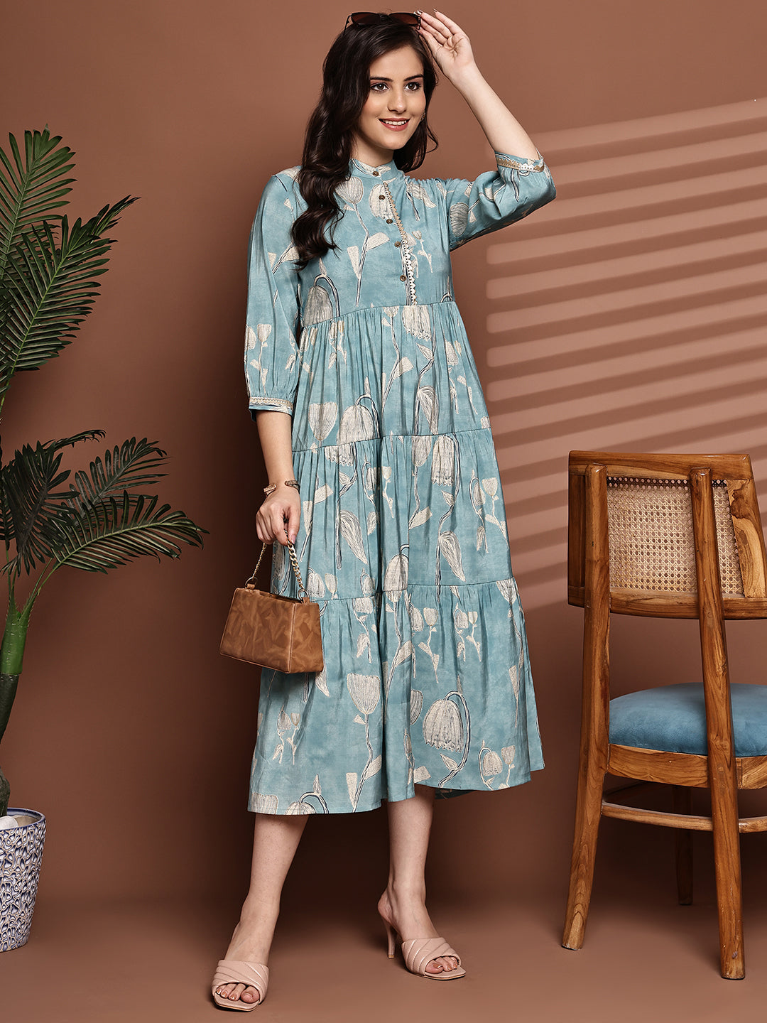 Woman wearing Blue Floral Printed Dress