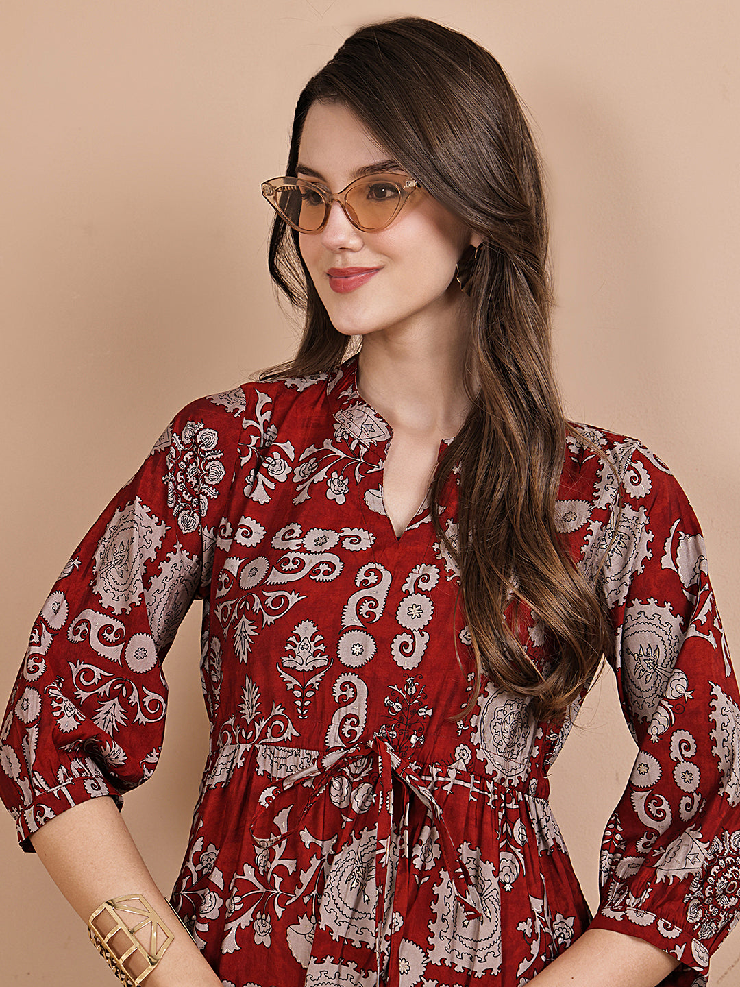 Maroon Color Floral Printed Chanderi Silk Dress For Women