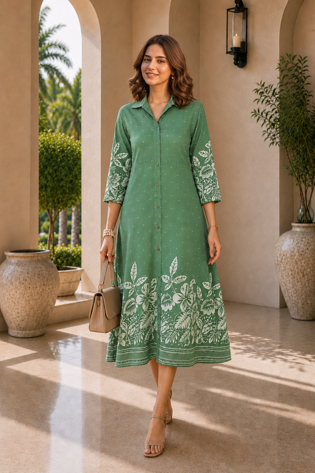 Green Floral Printed Chanderi Premium Long Dress for Women | Claura