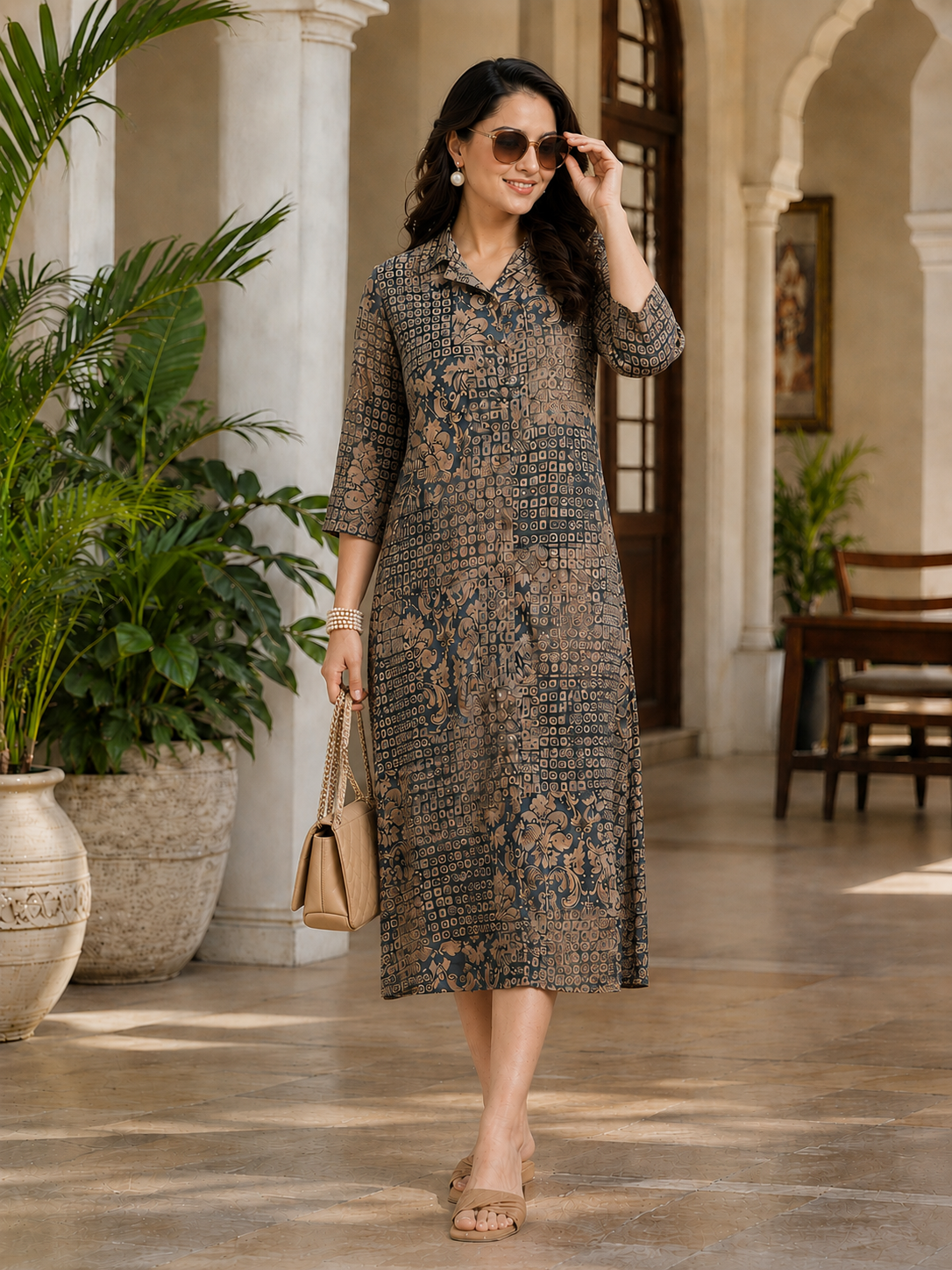 Grey Chanderi Abstract Printed Dress for Women | Claura