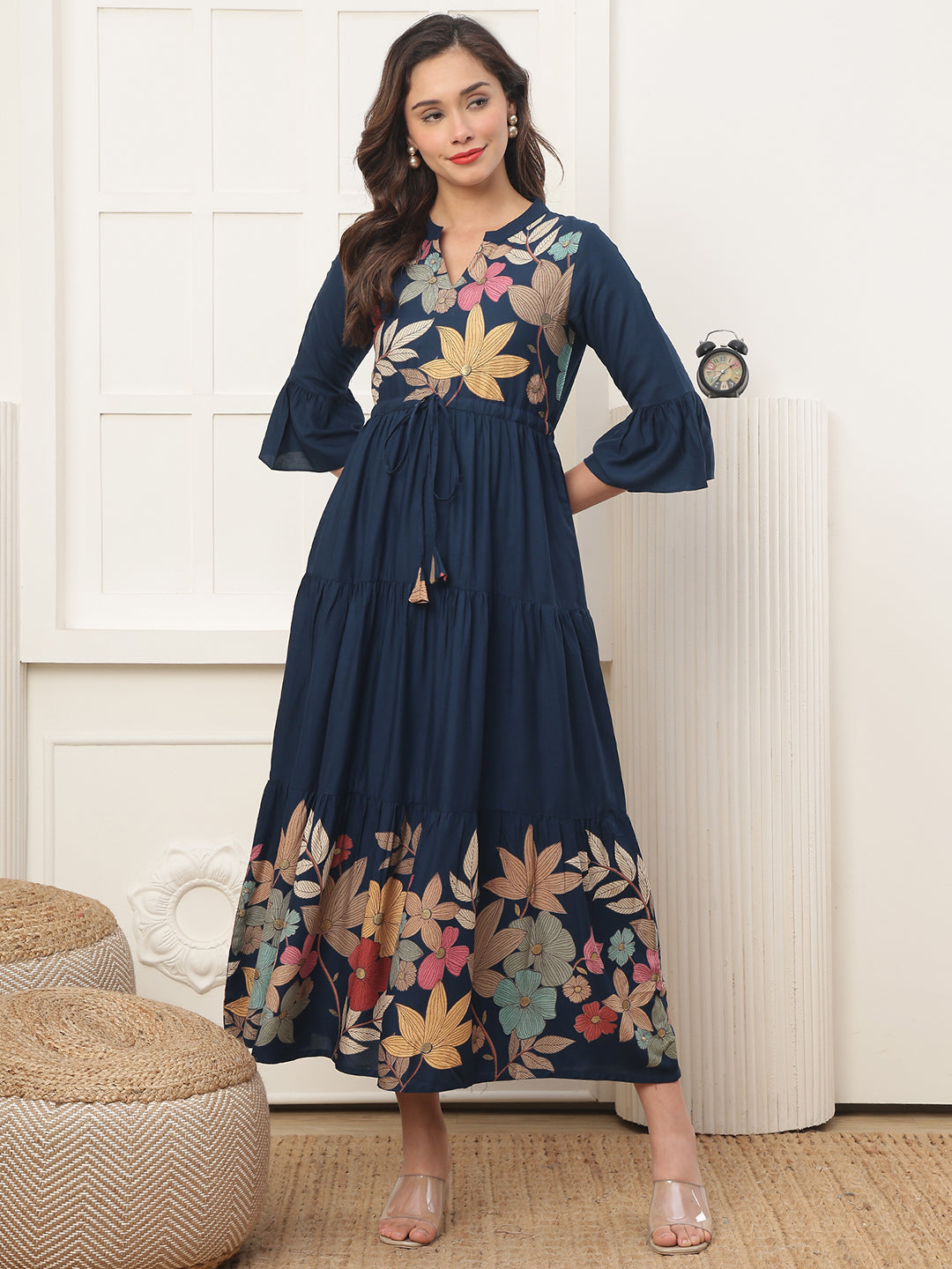 Blue Rayon Dress with short sleeves and floral pattern