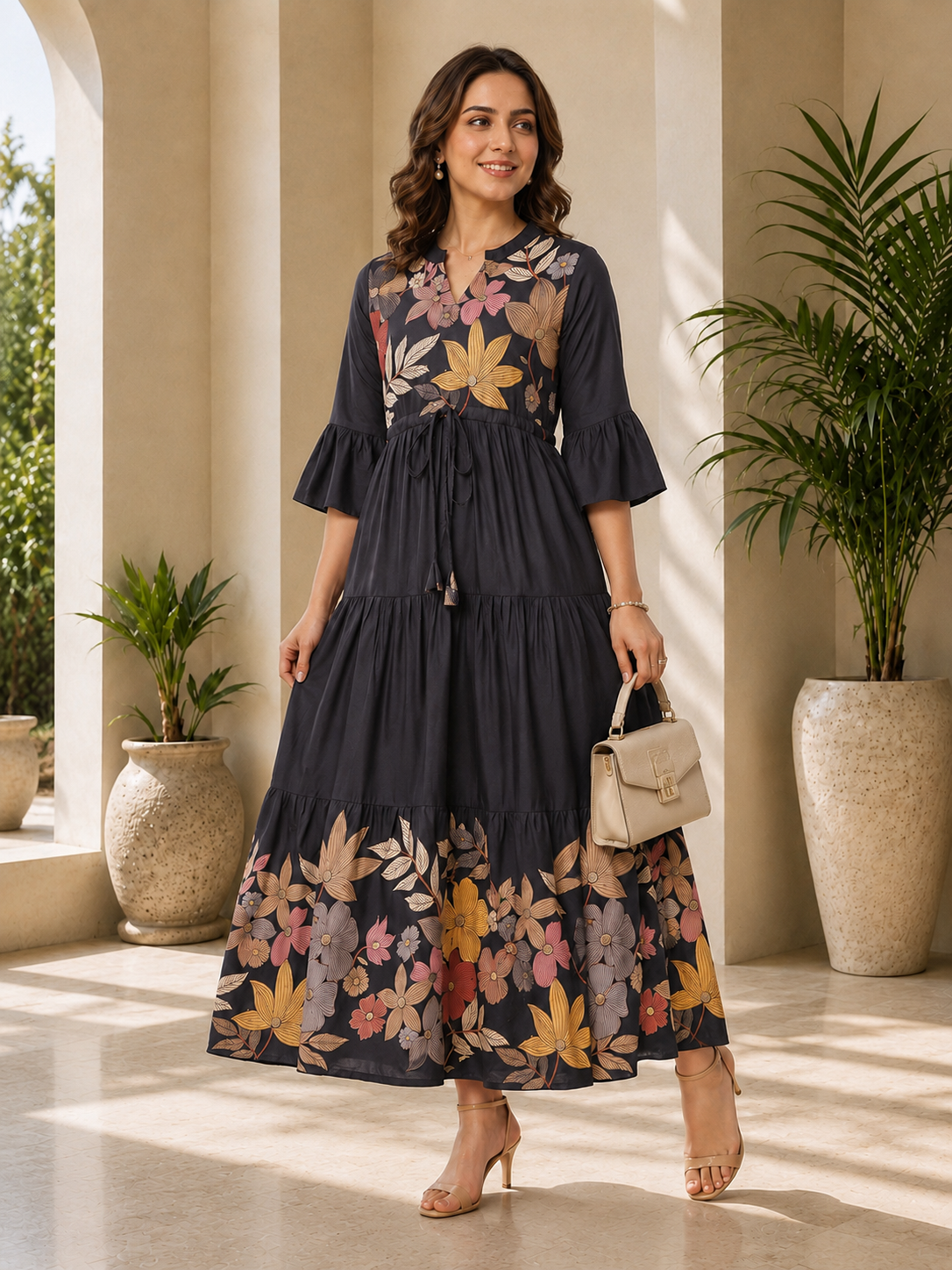 Grey Viscose Rayon Floral Printed Dress for Women | Claura