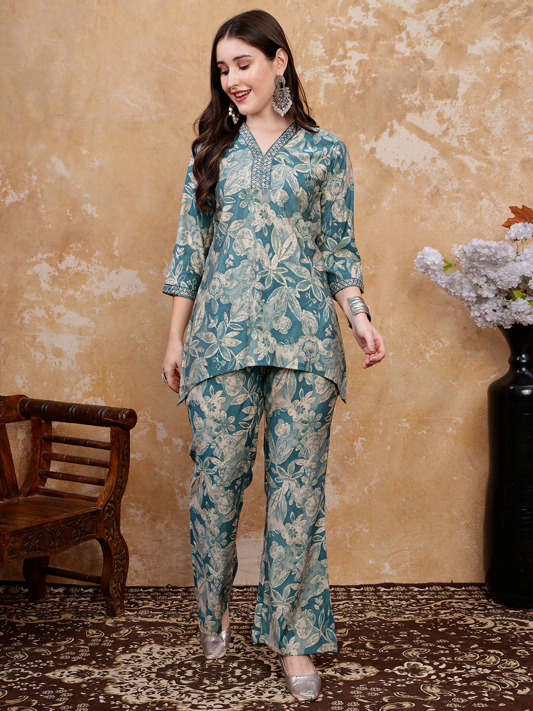 Blue Floral Printed Silk-Blend Tunic with Matching Palazzo Pants | Claura