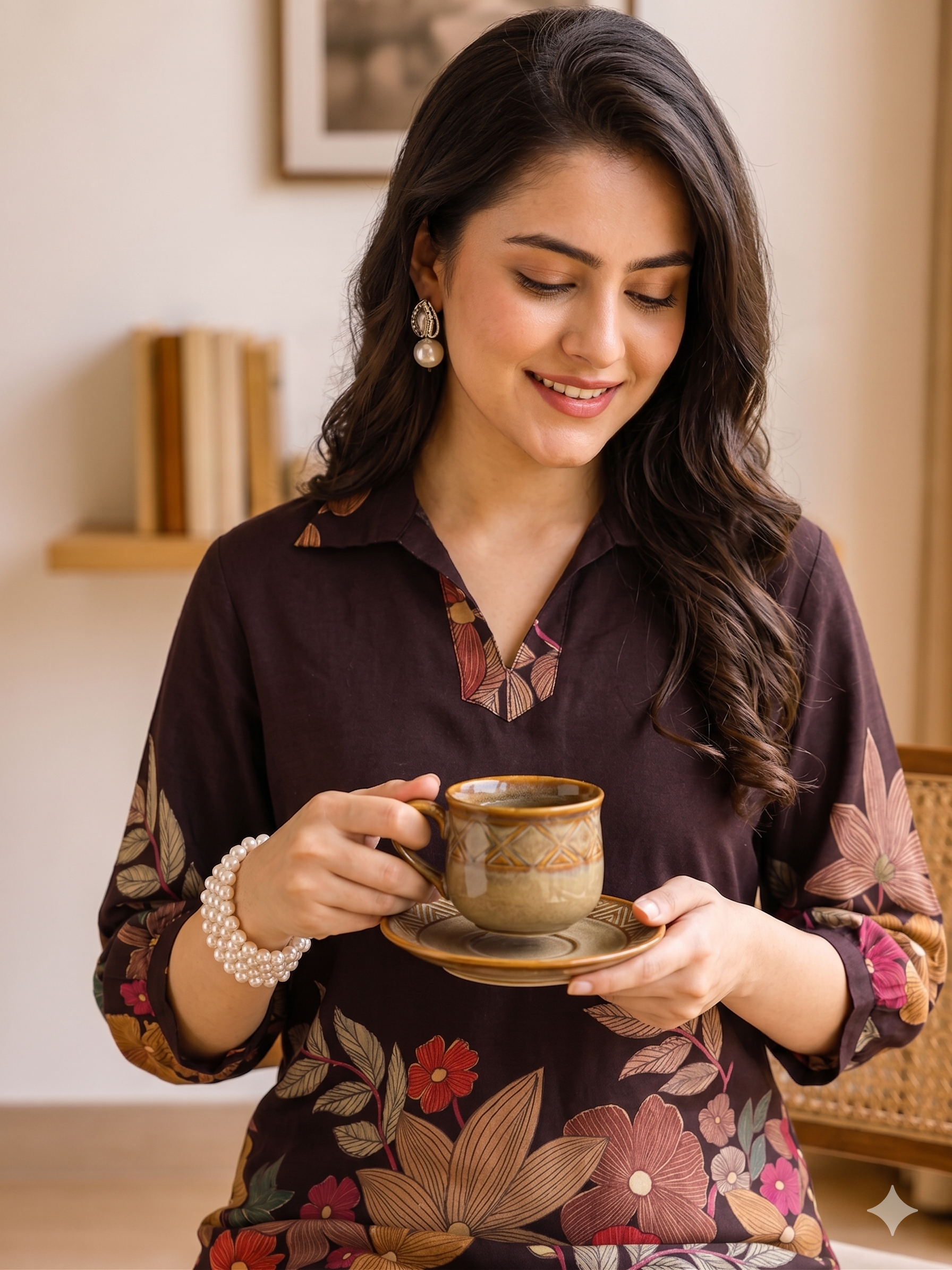 Coffee Brown Floral Chanderi Co-Ord Set with Collared Top | Claura