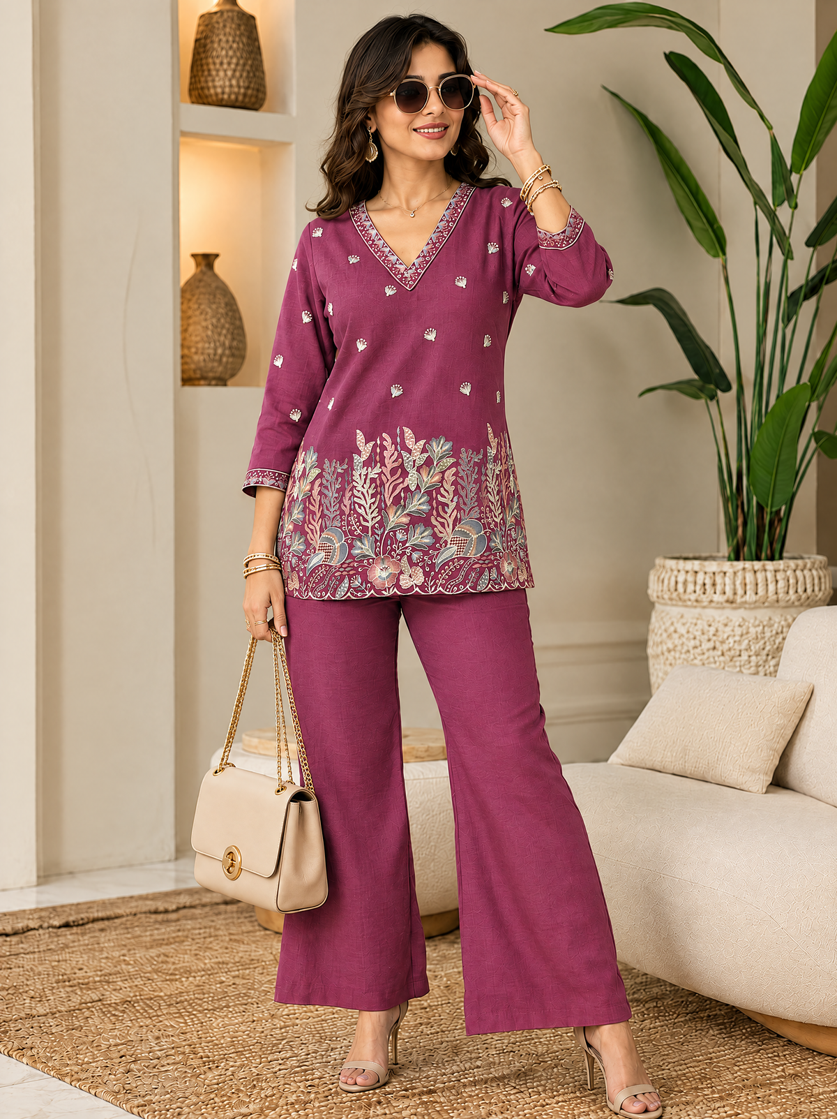 Purple Floral Embroidered Linen Tunic with Solid Palazzos Co-ord Set