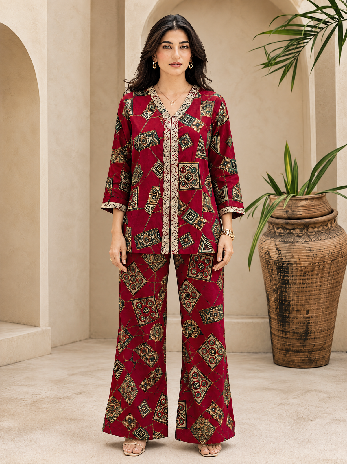 Red Printed V-Neck Tunic with 3/4 Sleeves & Palazzos | Claura