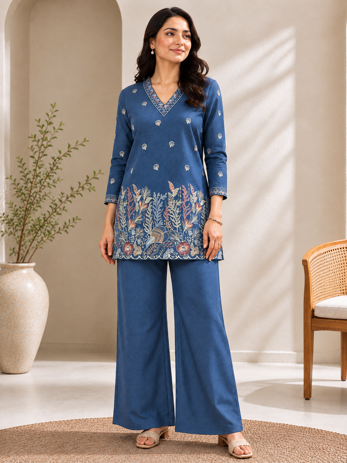 Blue Floral Embroidered Linen Tunic with Solid Palazzos Co-ord Set