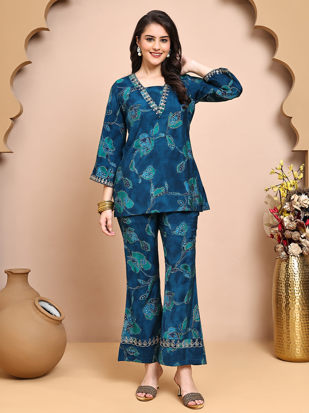 Woman wearing Blue Abstract Co-Ord Set