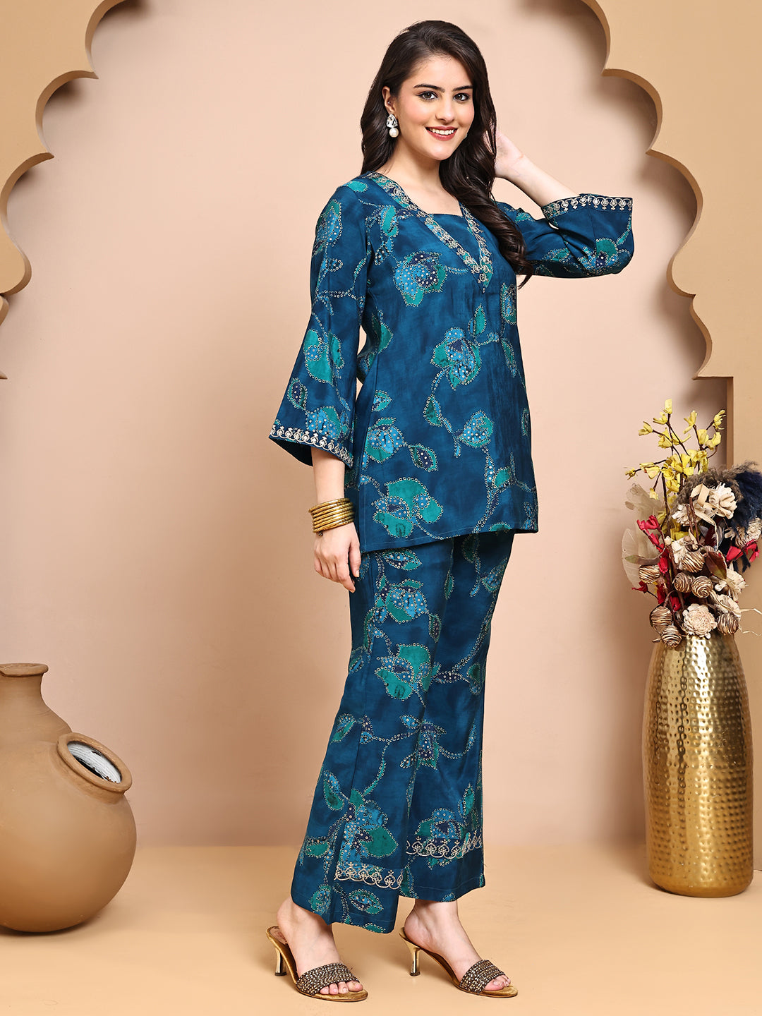 Blue Co-Ord Set with Trousers & V-Neck Tunic