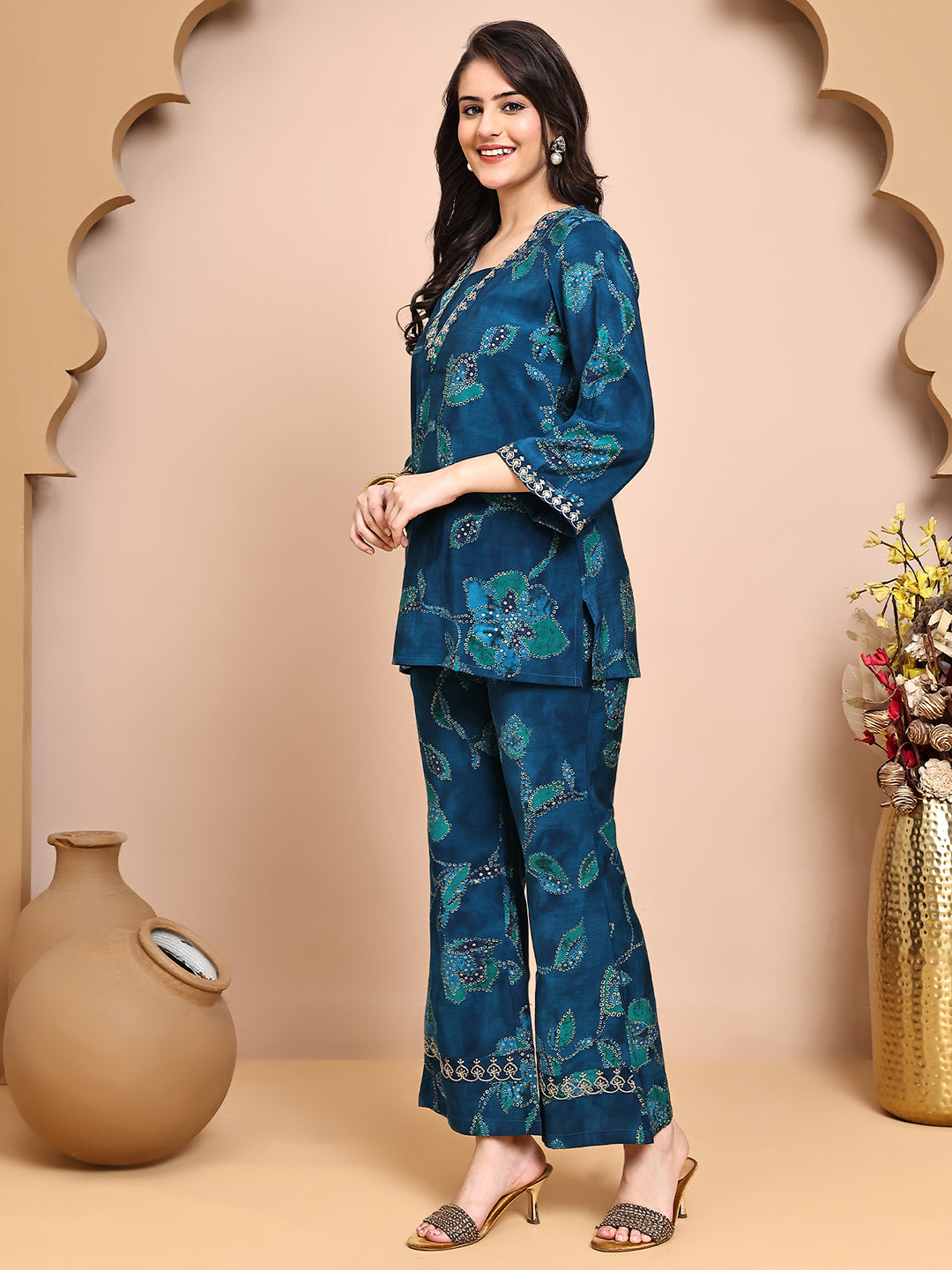Back view of model styling Blue abstract co-ord outfit