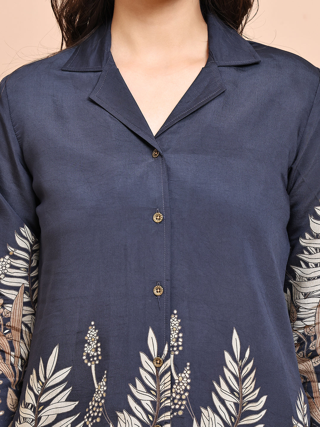 Close-up of Chanderi fabric with floral print on Grey Co-Ord Set