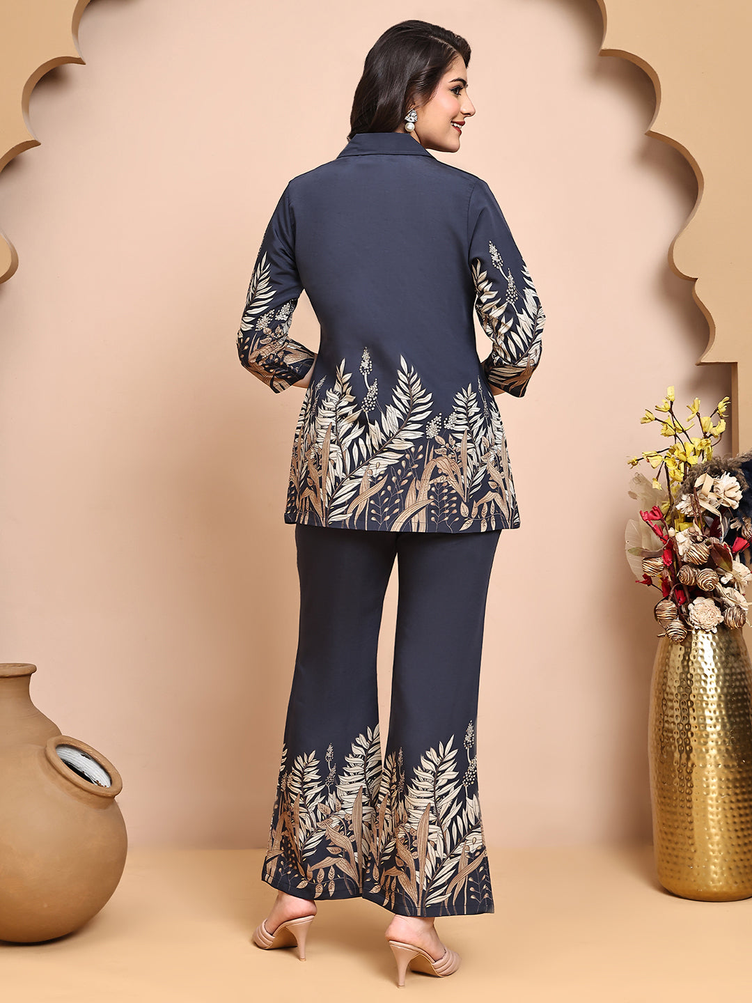 Model styling Grey floral co-ord set with sandals