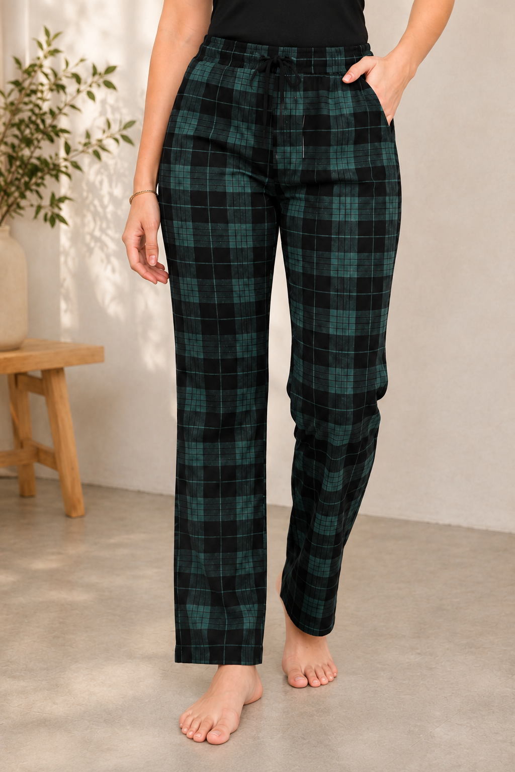 Green Solid Printed Checked Cotton Regular Fit Pyjama