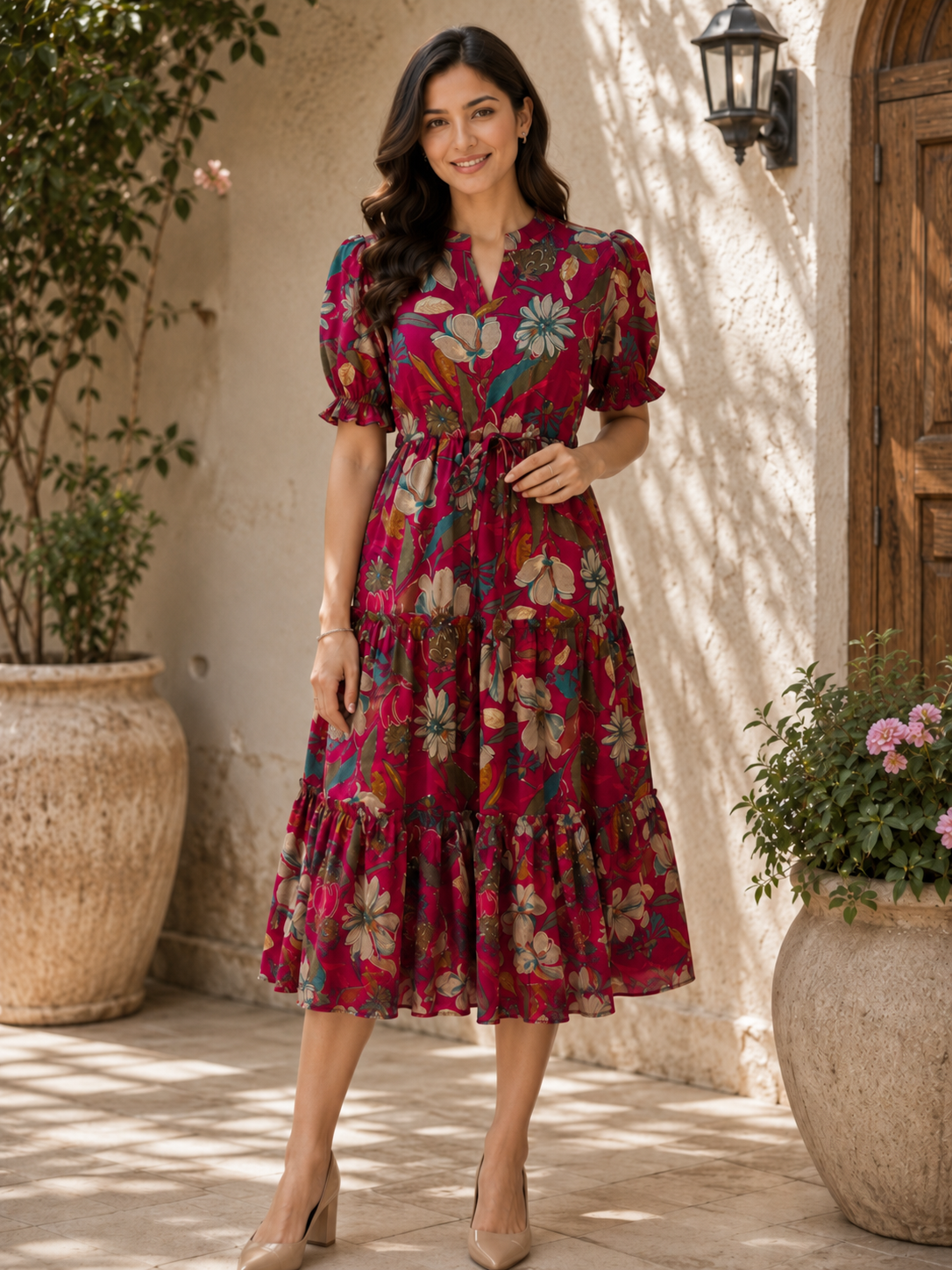 Pink Floral Print Puff Sleeve A-Line Midi Dress | Claura