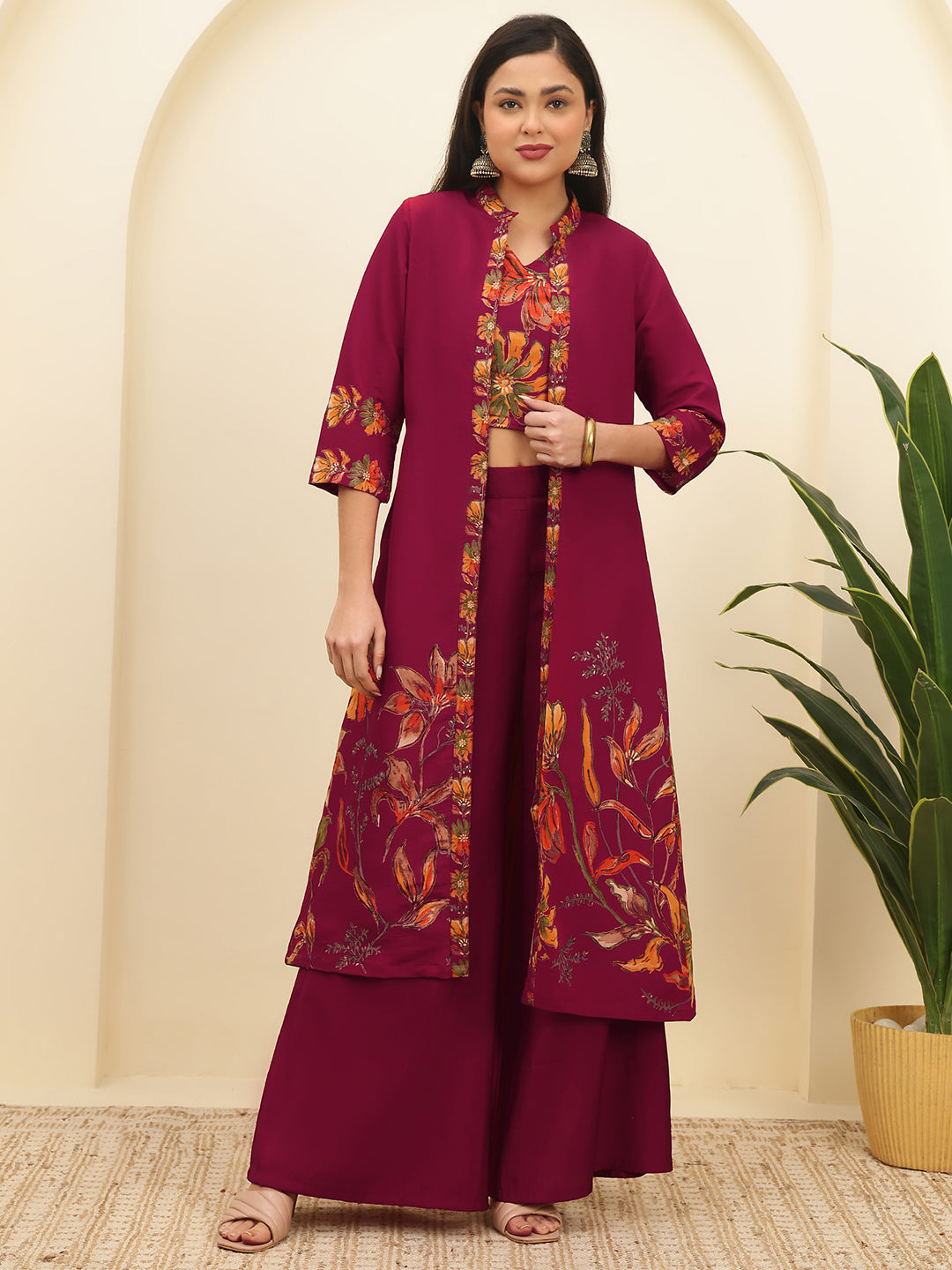Red Floral Printed Chanderi Silk Co-Ord Set for Women | Claura