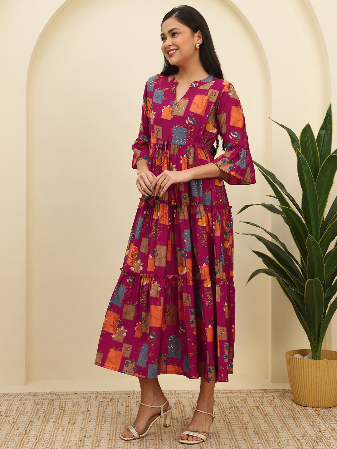 Magenta Color Chanderi Silk Abstract Printed Dress for Women | Claura