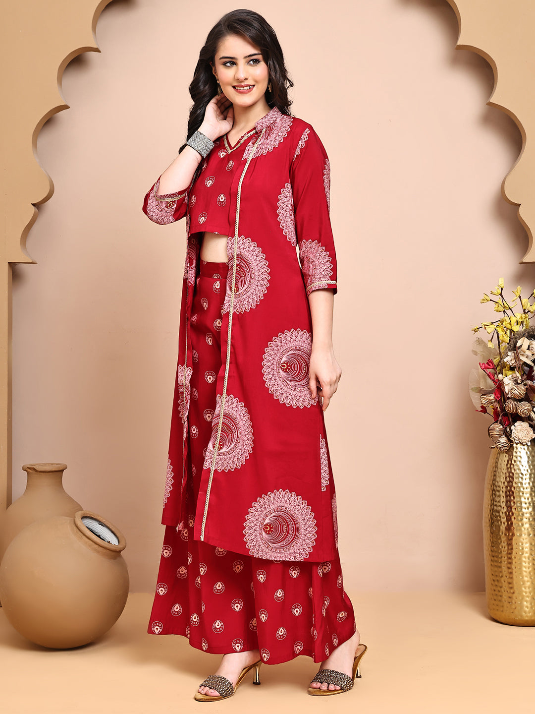 Lifestyle shot of Ethnic Co-Ord Set at a bright outdoor location
