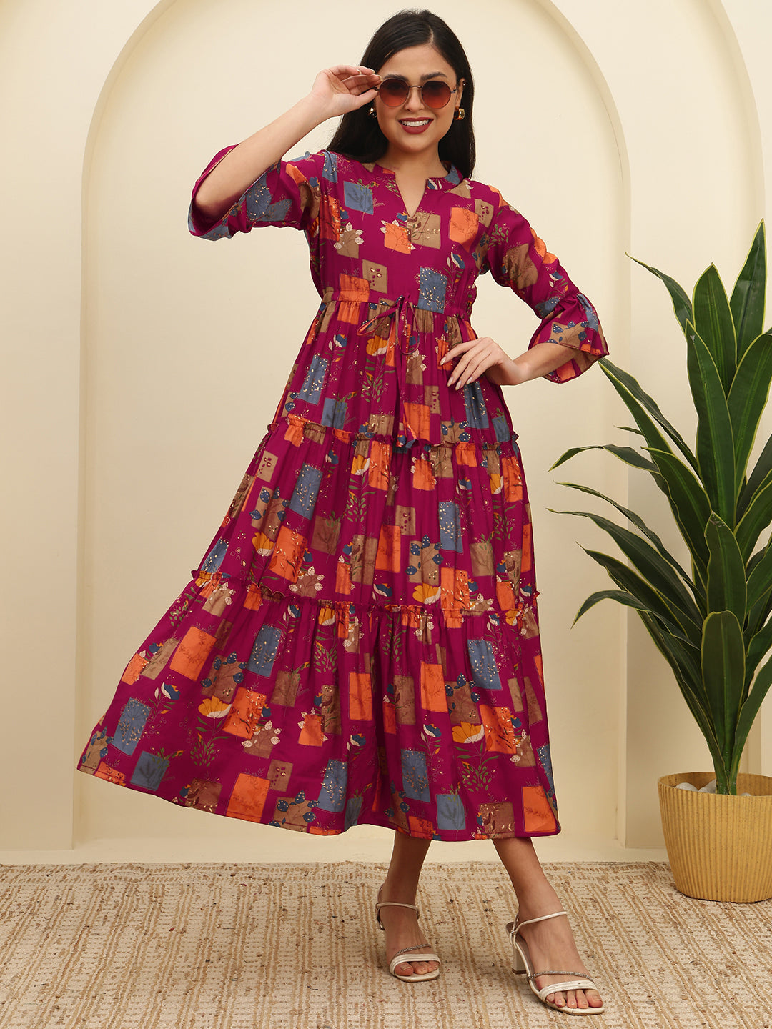 Close-up of Chanderi fabric on Magenta Dresses for Women