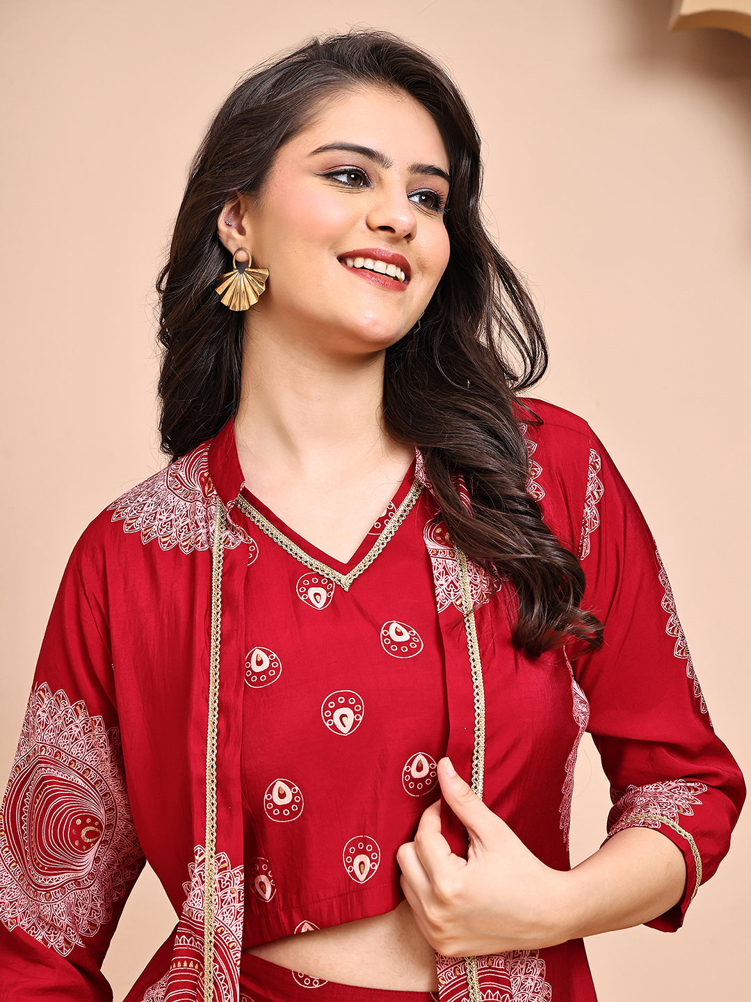 Woman wearing Red Ethnic Print Co-Ord Set