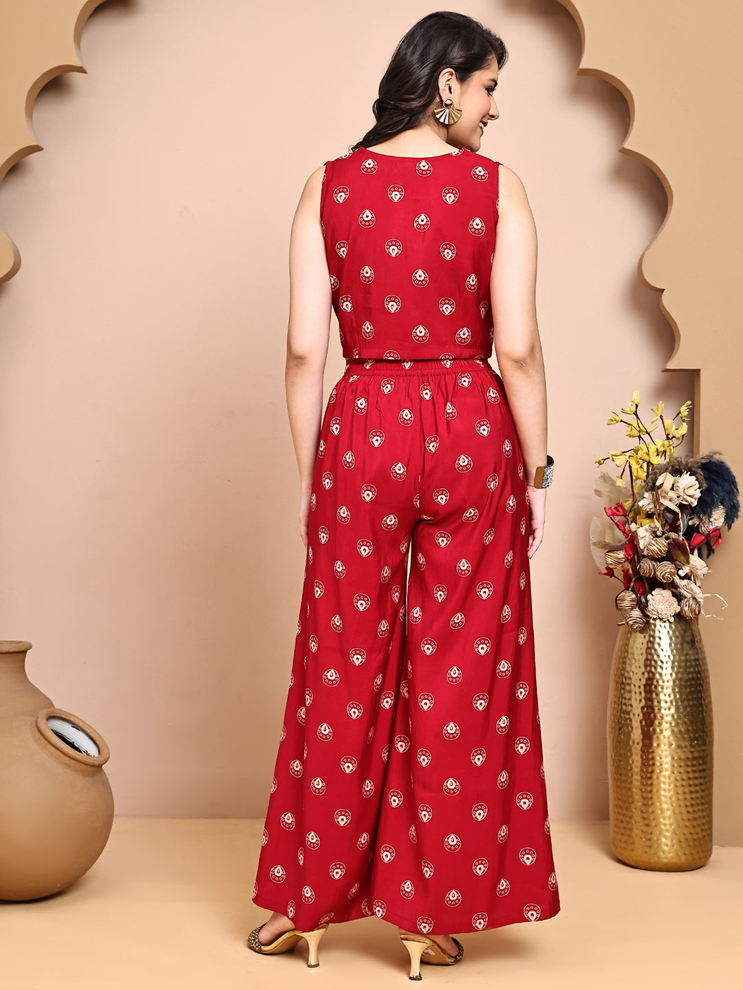 Red Co-Ord Set with Palazzo Trousers & Long Printed Jacket